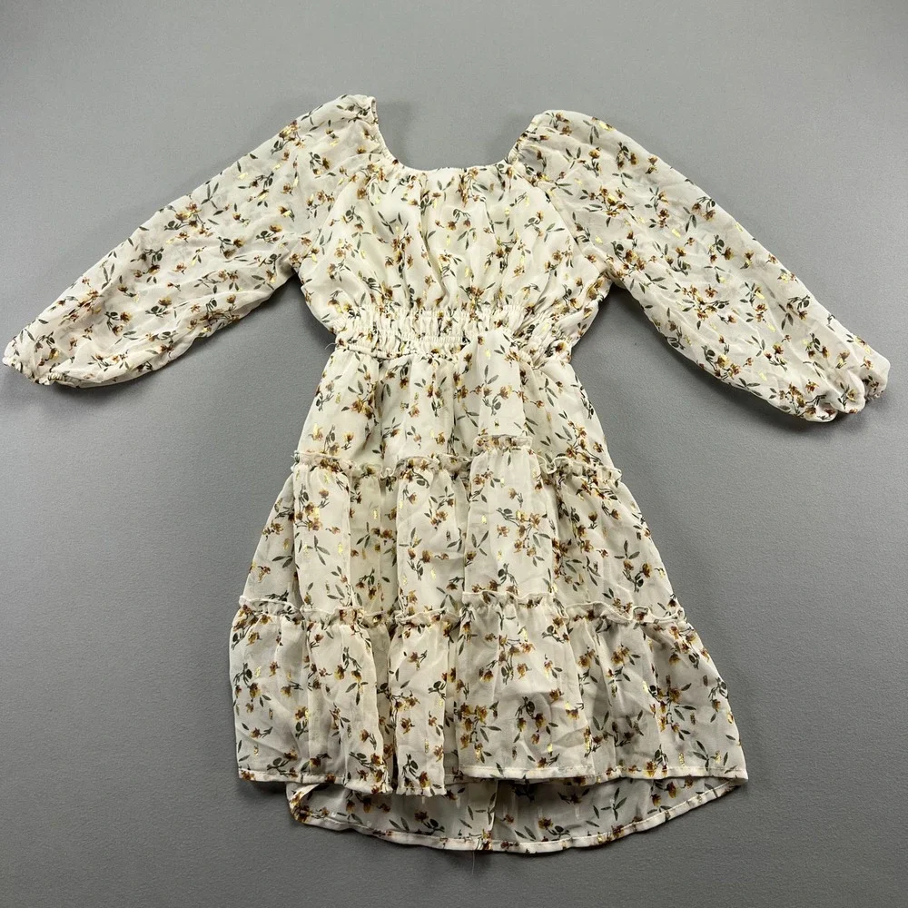 Love Squared A Line Dress Girls 6 Beige Floral Smocked Tiered Ruffle Vacation